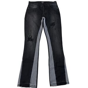 BOOHOOMAN Men's Slim Flare Distressed Gusset Panel Jeans Size 30 In Washed Black